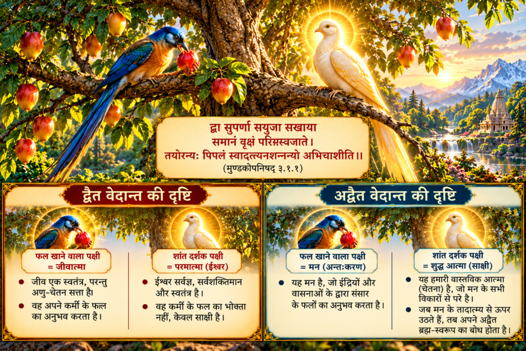 मुण्डकोपनिषद् का एक सुप्रसिद्ध रूपक -द्वा सुपर्णा सयुजा सखाया समानं वृक्षं परिषस्वजाते। तयोरन्यः पिप्पलं स्वाद्वत्त्यनश्नन्नन्यो अभिचाकशीति॥ 