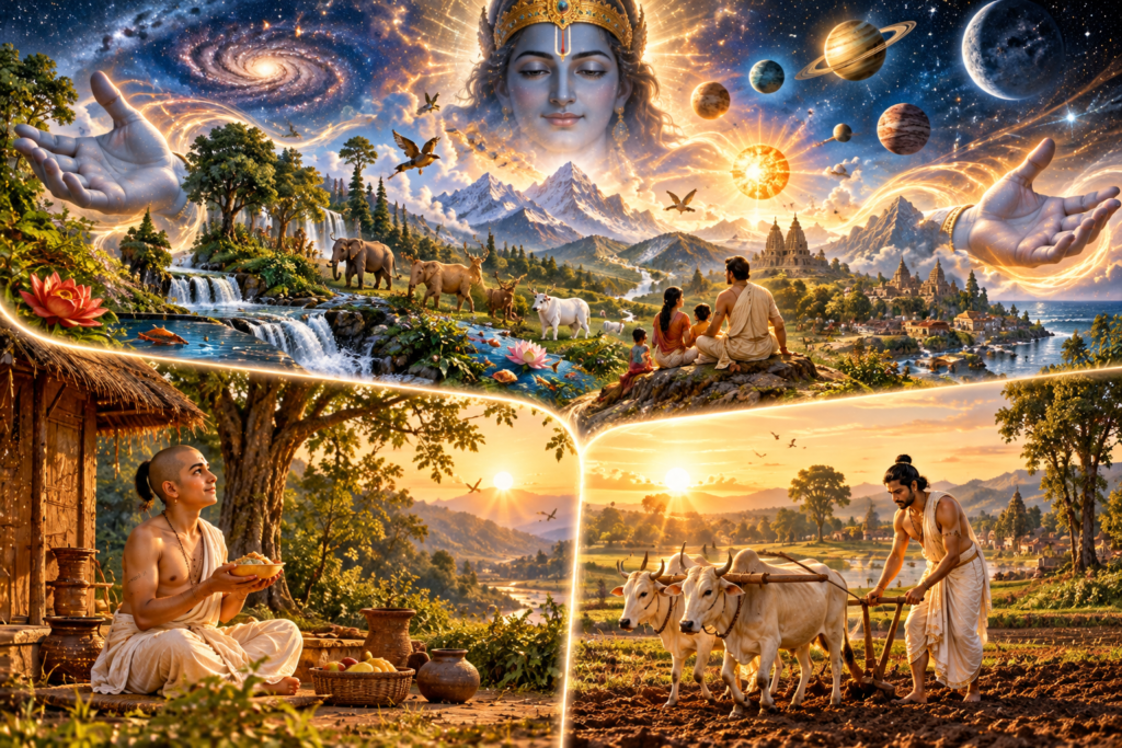 ईशावास्य उपनिषद्: सब कुछ ईश्वर से व्याप्त है-इस गतिशील जगत् में जो कुछ भी है, वह सब ईश्वर से व्याप्त है। इसलिए त्याग-भाव से उसका उपभोग करो और किसी के धन का लोभ मत करो। 
