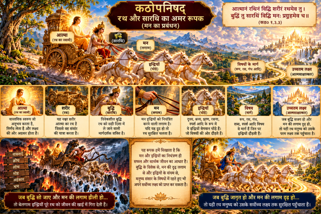 कठोपनिषद् से मनुष्य अपने मन और इन्द्रियों के भटकाव पर नियंत्रण कैसे पाए-रथ और सारथि का रूपक