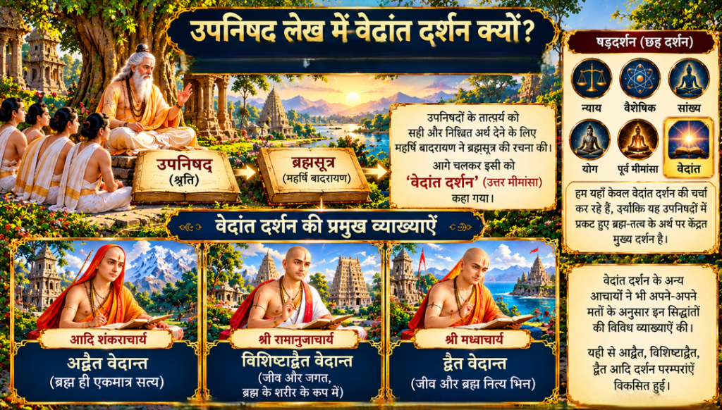 'वेदान्त दर्शन' की चर्चा उपनिषद् ज्ञान के मूल मन्त्र हैं, और वेदान्त दर्शन उस ज्ञान को सुव्यवस्थित रूप से समझने की दार्शनिक मीमांसा है।