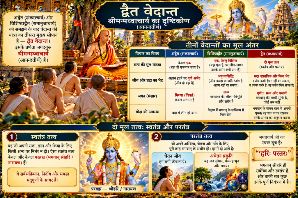 द्वैत (मध्वाचार्य)-मध्वाचार्य जी का स्पष्ट सूत्र है: "हरिः परतरः"- भगवान् श्रीहरि ही सर्वोच्च और स्वतंत्र हैं, और बाकी सब कुछ उनके पूर्ण नियंत्रण में है।