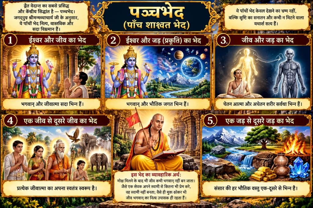 द्वैत वेदान्त के पञ्चभेद - श्रीमन्मध्वाचार्य दर्शन -द्वैत वेदान्त का सबसे प्रसिद्ध और केंद्रीय सिद्धांत है - पञ्चभेद (पाँच वास्तविक अंतर)।