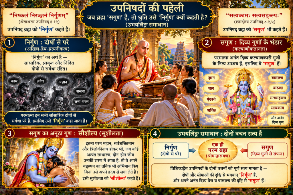 उपनिषदों की पहेली: जब ब्रह्म 'सगुण' है, तो श्रुति उसे 'निर्गुण' क्यों कहती है? (उभयलिङ्ग समाधान)